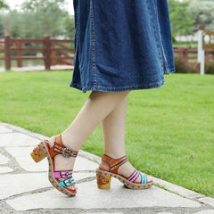 Socofy Summer Leather Retro Rivet Clash Colour High Heeled Sandals