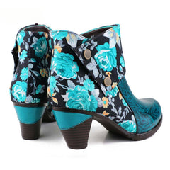 Socofy Autumn ethnic style cowhide thickened mid-calf round toe fashion boots for women