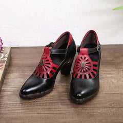 Socofy Retro Genuine Leather Buckle Strap Toe Square Heels