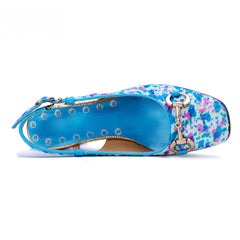 Socofy Handmade Leather Crushed Flower Chunky High Heeled Sandals