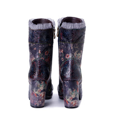 Socofy Winter Retro Lace Print Heeled Boots