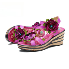 Socofy summer leather three-dimensional flowers comfortable sloping sandals