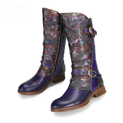 Socofy Vicconfy Side Zipper Vintage Floral Flat Heel Long Boots