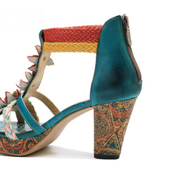 Socofy summer genuine leather braided retro fashion high-heeled women's sandals