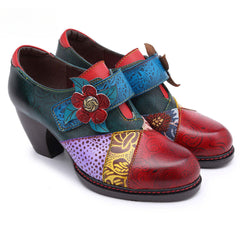 Socofy retro printing splicing ethnic style high heels women's shoes