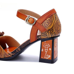 Socofy Vicconfy Handmade Leather Vintage Printed Dimensional Heeled Sandals