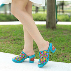 Socofy leather rubbed colour vintage floral casual fashion high heeled sandals