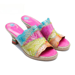 Socofy Summer Leather Vintage Colour Block High Heeled Sandals