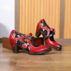 Socofy Vicconfy Colorful Stitching Painted Flower Spring Hook Loop Genuine Leather Spike Heels Round Toe Women Pumps