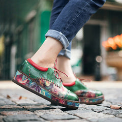 Socofy Vicconfy Retro Muffin Heel Comfortable Printed Round Toe Leather Women's Shoes Loafers