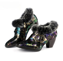 Socofy Vicconfy Genuine Leather Vintage Genuine Wool Patchwork Vintage Illusion Pumps