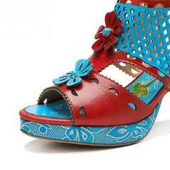 Socofy summer genuine leather retro hollow design high heel sandals