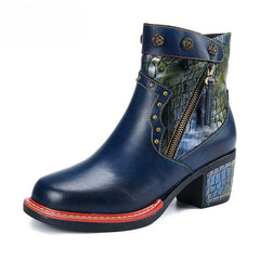 Socofy Vicconfy Women's Martin Boots Leather Patchwork Ethnic Vintage Short Boots