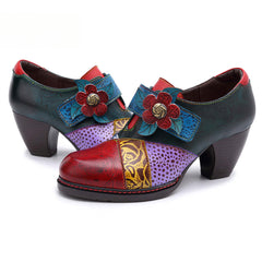 Socofy retro printing splicing ethnic style high heels women's shoes