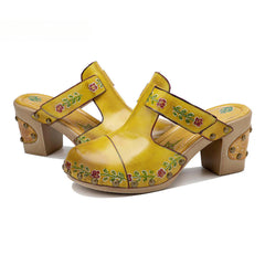 Socofy Spring and summer new spot genuine leather retro floral Baotou comfortable thick heel clogs and sandals