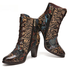 Socofy Vintage Pointed Embroidered Flowers Women's Fashion Boots