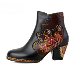 Socofy Vicconfy Retro Pattern Leather Zipper Ankle Boots