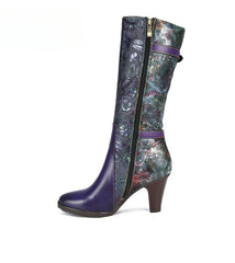Socofy Vicconfy Genuine Leather Printed Belt Buckle Ethnic Long Boots