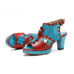 Socofy summer genuine leather retro hollow design high heel sandals