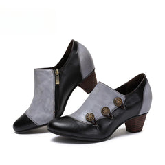 Socofy Vicconfy Genuine Leather Ethnic Style Handmade Vintage Literary Buckle Heels