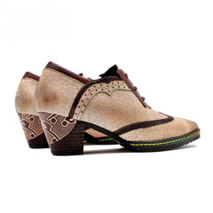 Socofy new spot genuine leather retro style contrasting brogue casual women's thick heel high heels