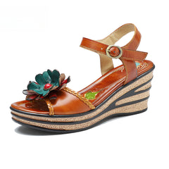 Socofy summer on leather retro three-dimensional flowers casual comfortable sloping sandals