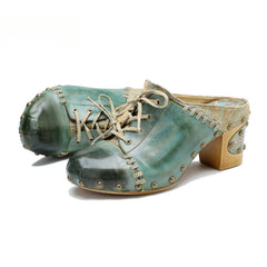 Socofy Leather Retro Street Style Rivet Chunky Heeled High Heels