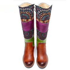 Socofy Vicconfy Genuine Leather Vintage Patchwork Long Warm Boots