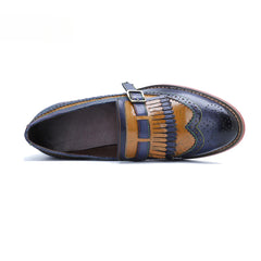 Socofy Genuine Leather Women's Retro Colorblocking Tassel Flat Comfort Loafers