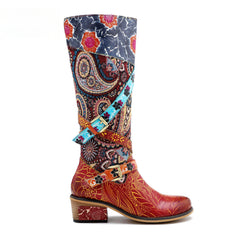 Socofy Leather Vintage Print Chunky Heel Knee Women's Boots
