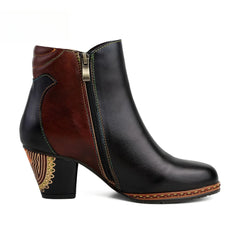 Socofy Vicconfy Retro Pattern Leather Zipper Ankle Boots