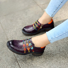 Socofy Genuine Leather Colourful Rope Deco Ethnic Printed Women's Flat Shoes