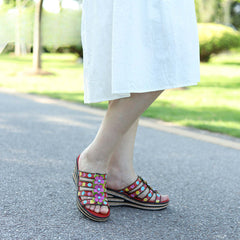 Socofy Summer Leather Vintage Flower Slope Heel Sandals Slippers