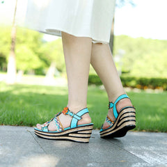 Socofy summer genuine leather bohemian style comfortable wedge sandals for women