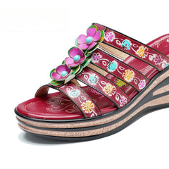Socofy Summer Leather Vintage Flower Slope Heel Sandals Slippers