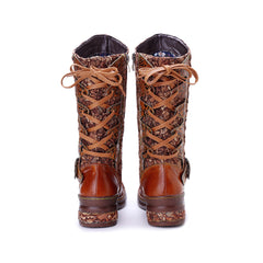 Socofy Winter Leather Vintage Printed Boots