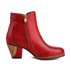 Socofy Vicconfy Retro Pattern Leather Zipper Ankle Boots
