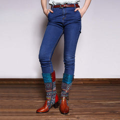 Socofy pointed-toe adhesive-soled high-top cowhide bohemian ethnic style fashion boots