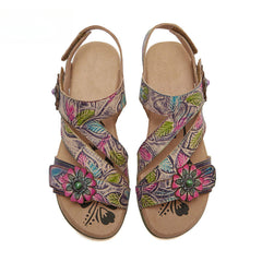 Socofy Bohemian retro first-layer cowhide flower-embellished women's sandals