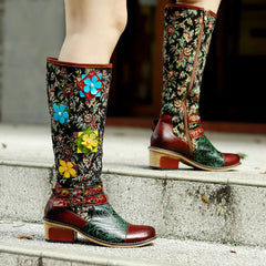 Socofy Vicconfy Handmade Color Rubbed Cubic Floral Belt Buckle Comfort Chunky Heel High Boots