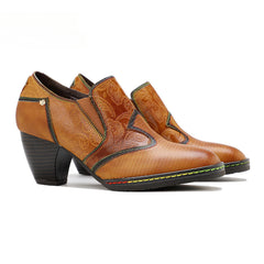 Socofy genuine leather retro style women's thick heel high heels