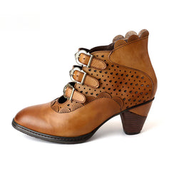Socofy Vicconfy Retro Cutout High Heel Leather Boots