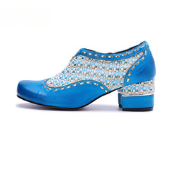 Socofy Genuine Leather Vintage Boho Woven Side Zipper Pumps