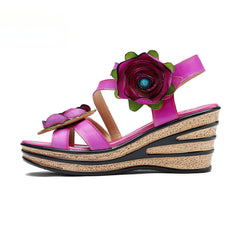Socofy summer leather three-dimensional flowers comfortable sloping sandals