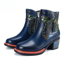 Socofy Vicconfy Women's Martin Boots Leather Patchwork Ethnic Vintage Short Boots