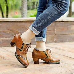 Socofy Genuine Leather Retro Brown Strappy Thick Heel Women's High Heels