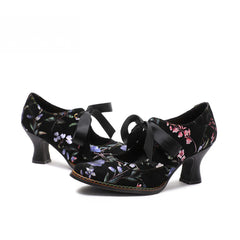 Socofy Flower Antique Style High Heel Round Toe Women's Shoes