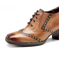 Socofy Genuine Leather Retro Brown Strappy Thick Heel Women's High Heels