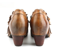 Socofy Genuine Leather Handmade Vintage Fashion Side Zipper High Heels Women's Shoes