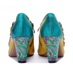 Socofy Leather Genuine Leather Vintage Floral Chunky Heeled Pumps